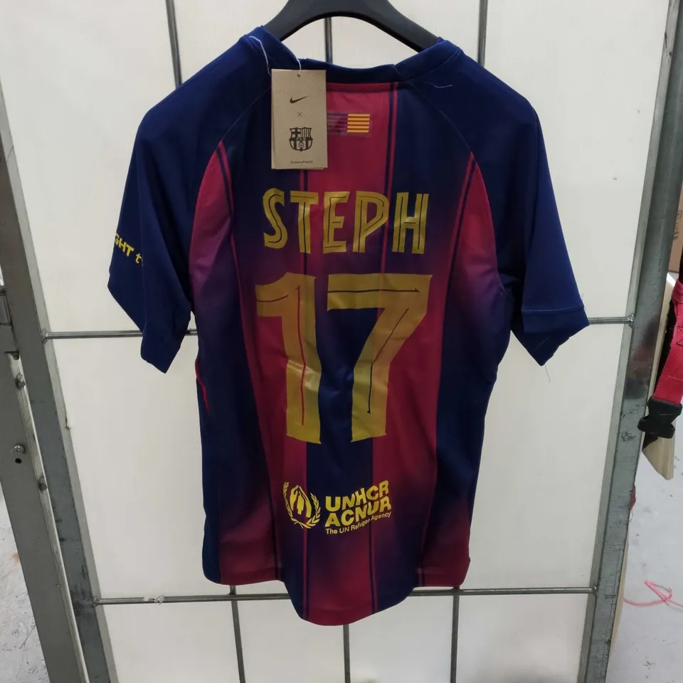 FC BARCELONA NIKE HOME SHIRT – UNHCR SPONSOR, SIZE M, CUSTOMISED 'STEPH' 17 ON BACK