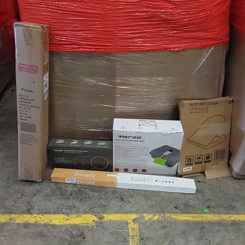 PALLET OF ASSORTED ITEMS INCLUDING: ELECTRIC BLANKET, FITNESS HOOP, CHAIR MAT, TOILET SEAT, WINDOW BLINDS