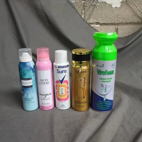 APPROXIMATELY 15 ASSORTED AEROSOLS TO INCLUDE SURE BRIGHT BOUQUET DEODORANT, VIROFOAM DRAIN FOAM CLEANER AND MON CHERI INSIGNIA BODY SPRAY