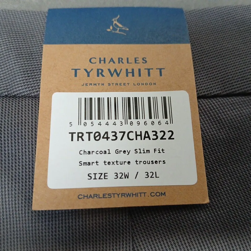 CHARLES TYRWHITT CHARCOAL GREY SLIM FIT SMART TEXTURE TROUSERS - 32W 32L