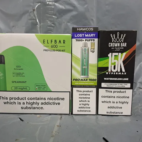APPROXIMATELY 25 ASSORTED E-CIGARETTE AND VAPE ITEMS TO INCLUDE CROWN BAR, LOST MARY, ELFBAR, ETC