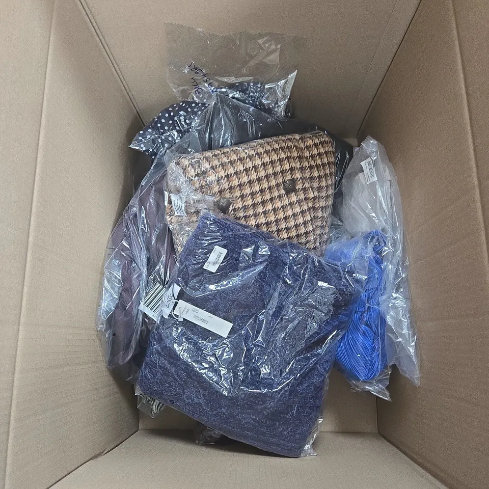 Three women's clothing items in sealed packaging: lavender shirt, striped trousers & checkered topWOMEN'S CLOTHING BUNDLE – APROX 20 ITEMS TO INCLUDE CLOTHING ITEMS JUMPERS , TOPS AND DRESSES