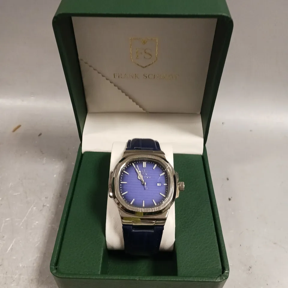 MENS FRANK SCHMIDT WATCH – TEXTURED DIAL WITH DATE – LEATHER STRAP- MODEL: FSL AMBASSADOR – 3ATM WATER RESISTANT