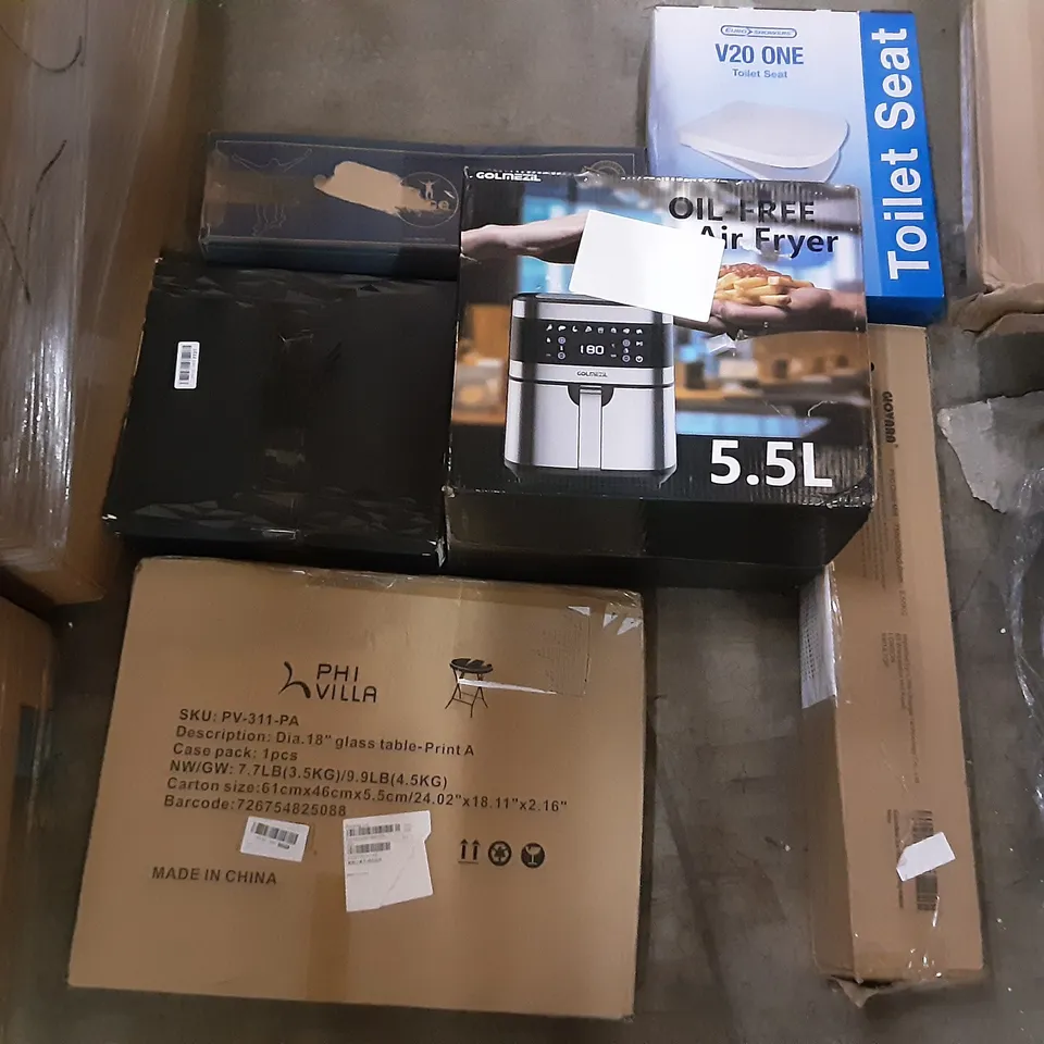 PALLET OF ASSORTED PRODUCTS INCLUDING PHILIPS VILLA GLASS TABLE, GOLMEZIL OIL FREE AIR FRYER, EURO SHOWERS TOILET SEAT, GIOVARA CHAIR MAT, SIMDER MUG WELDER, HIBBENT BIDET SEAT 