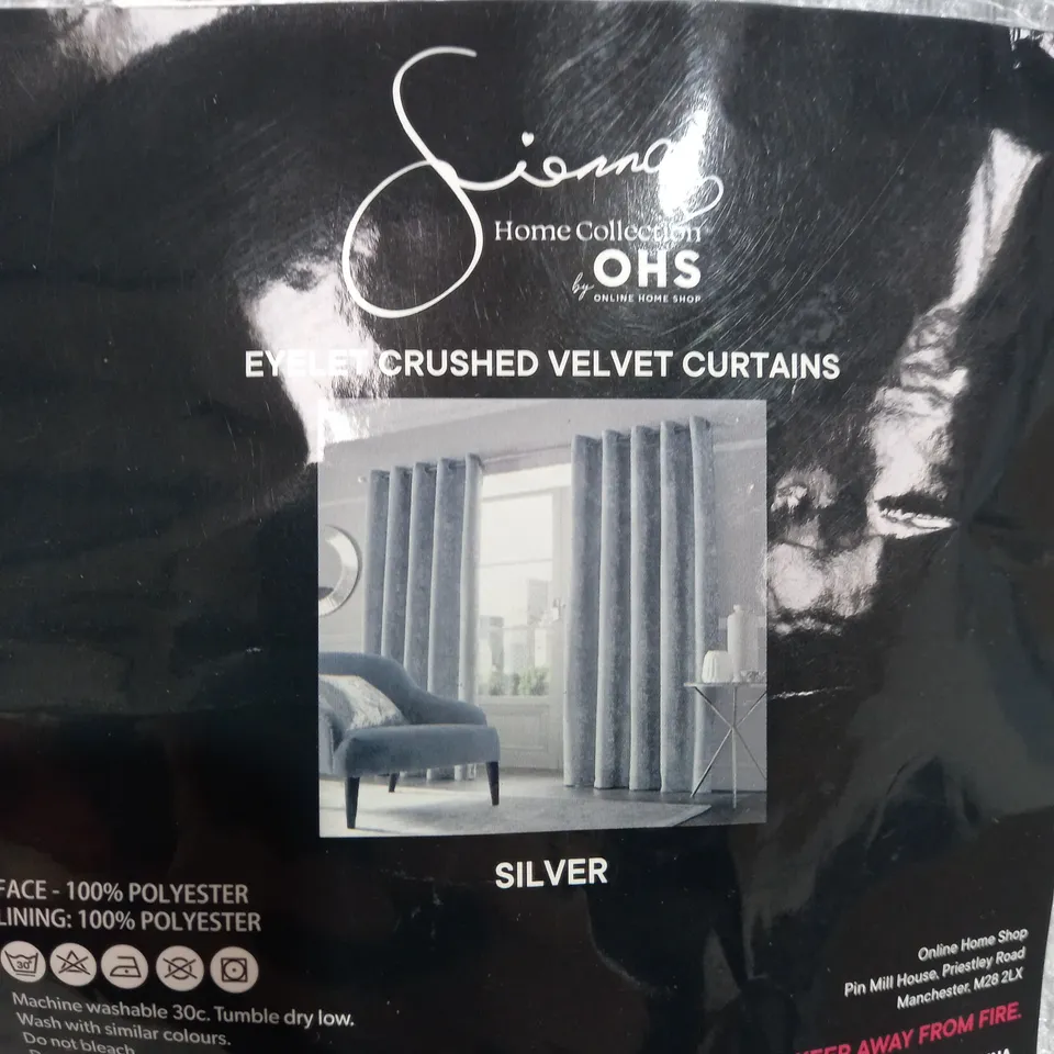 SIENNA CRUSHED VELVET EYELET RING TOP PAIR OF FULLY LINED CURTAINS - SILVER 90" X 90"