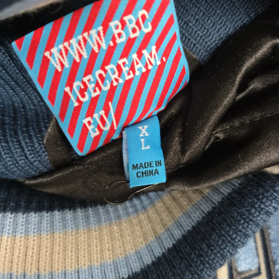 ICE CREAM BY BILLIONAIRE BOYS CLUB VARSITY JACKET – BLUE/CREAM, UK XL