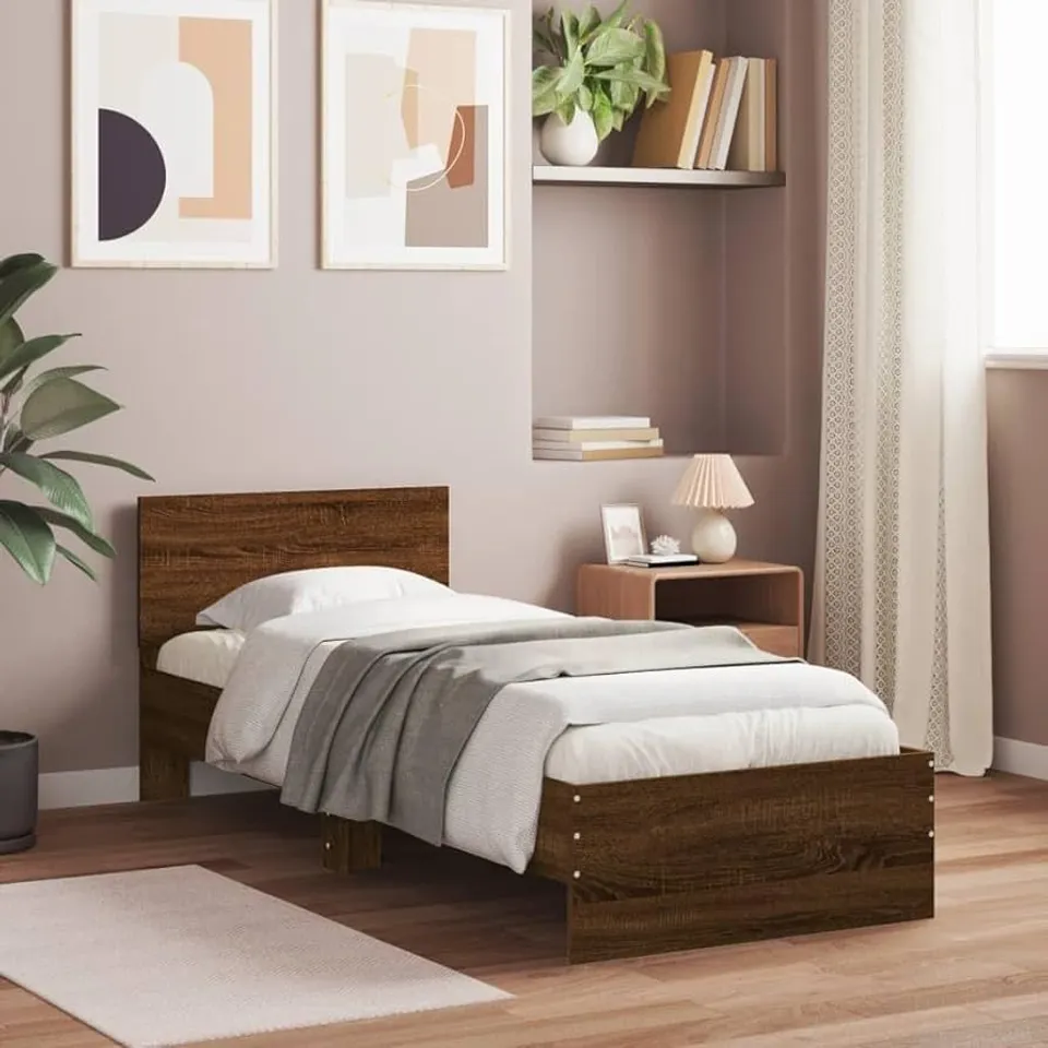 BOXED VIDAXL BED FRAME WITH HEADBOARD AND LED LIGHTS  (BROWN OAK) // SIZE UNSPECIFIED (2 BOXES)