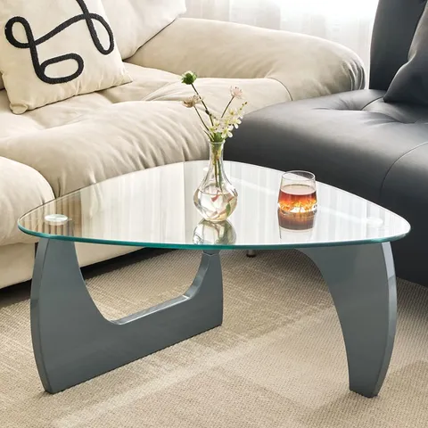 BRAND NEW BOXED RIMDOC TRIANGLE GREY HIGH GLOSS COFFEE TABLE WITH CLEAR GLASS TOP (2 BOXES)
