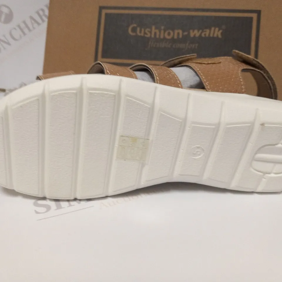 BOXED PAIR OF CUSHION WALK ONE TOUCH CLOSE SANDALS IN TAN - SIZE 5