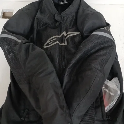 Black textile motorcycle jacket with mesh panels (VERIFY MODEL)
