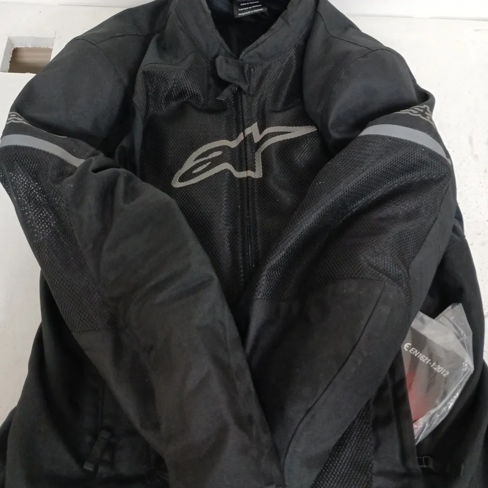 Black textile motorcycle jacket with mesh panels (VERIFY MODEL)