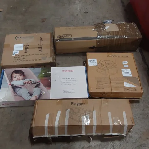 PALLET OF ASSORTED ITEMS INCLUDING: CAMPING EQUIPMENT, PLAYPEN, KIDS TOY SWIVEL CHAIR, BABY BOUNCER, TOILET SAFETY FRAME ECT