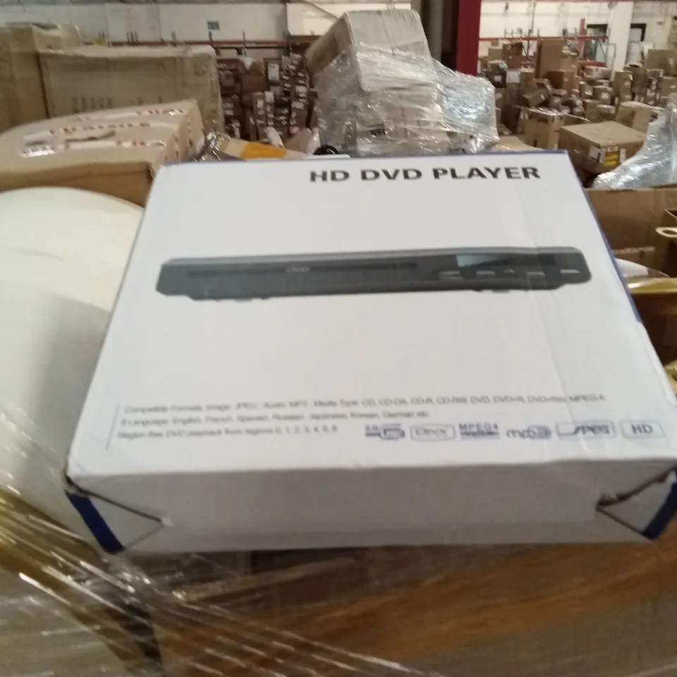 PALLET OF ASSORTED FURNITURE, HOUSEHOLD GOODS & PRODUCTS TO INCLUDE; SIDE TABLE, DVD PLAYER, LAMP SHADE ETC