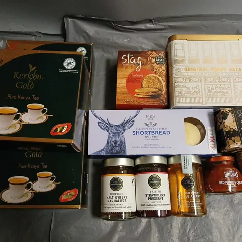 LOT OF 12 ASSORTED FOOD ITEMS TO INCLUDE BRITISH HONEY, KENYA TEA AND SHORTBREAD