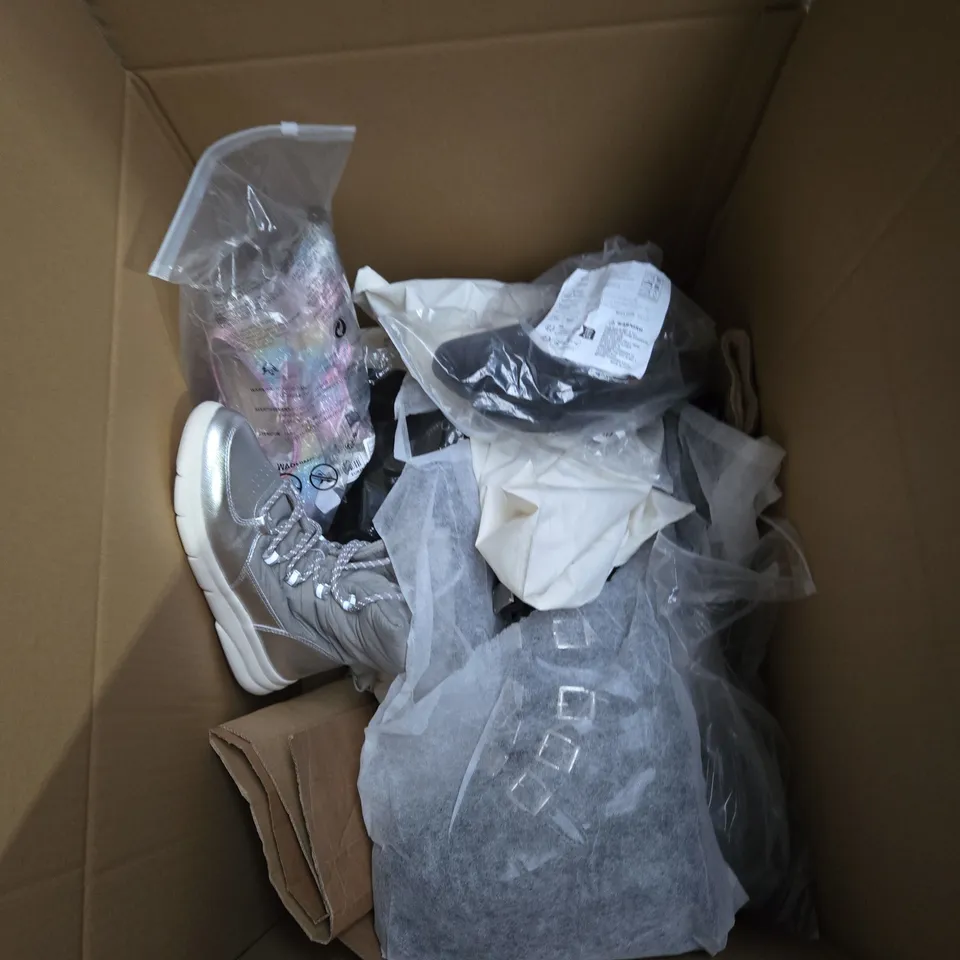 LARGE BOX OF ASSORTED SHOES AND FOOTWEAR ITEMS IN VARIOUS SIZES, STYLES AND COLOUR - COLLECTION ONLY  