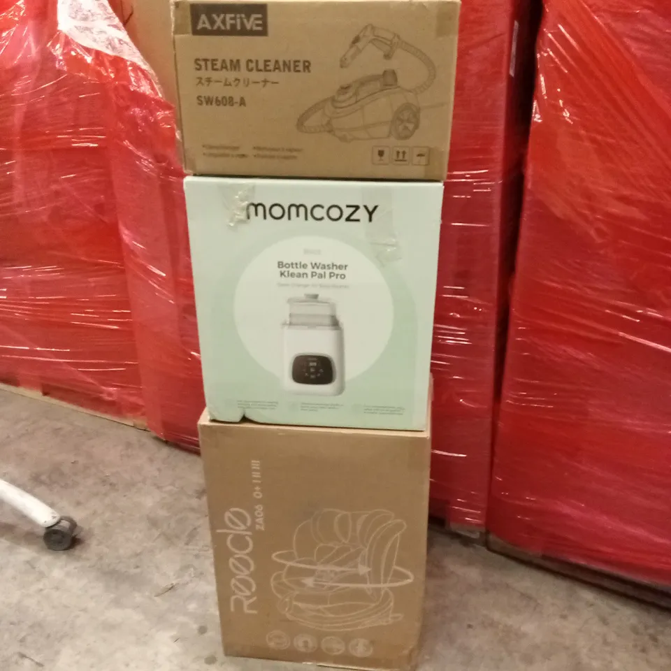 PALLET OF ASSORTED HOUSEHOLD GOODS AND PRODUCTS TO INCLUDE; BABY BOTTLE WASHER, ELECTRIC CLOTHES AIRER, BABY CAR SEAT, STEAM CLEANER ETC