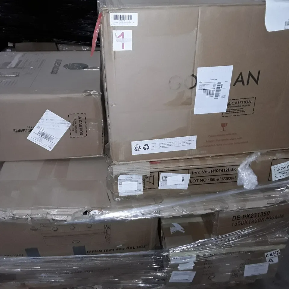 UNPROCESSED PALLET OF ASSORTED ITEMS TO INCLUDE OFFICE CHAIR, BOXED DESK AND GAS GRIP GRIDDLE