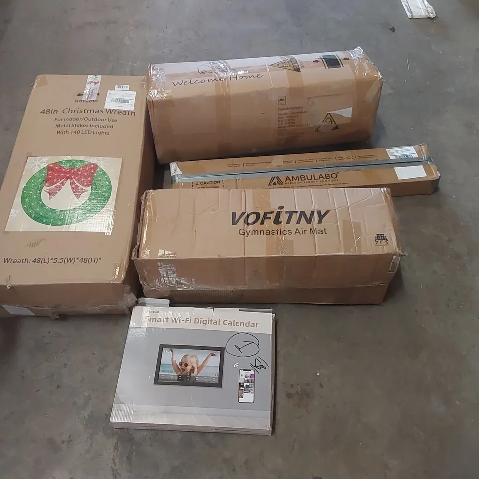 PALLET OF ASSORTED ITEMS INCLUDING: GYMNASTICS AIR MAT, SMART DIGITAL CALENDER, AMBULABO FLOOR PLANKS, CHRISTMAS WREATH ECT