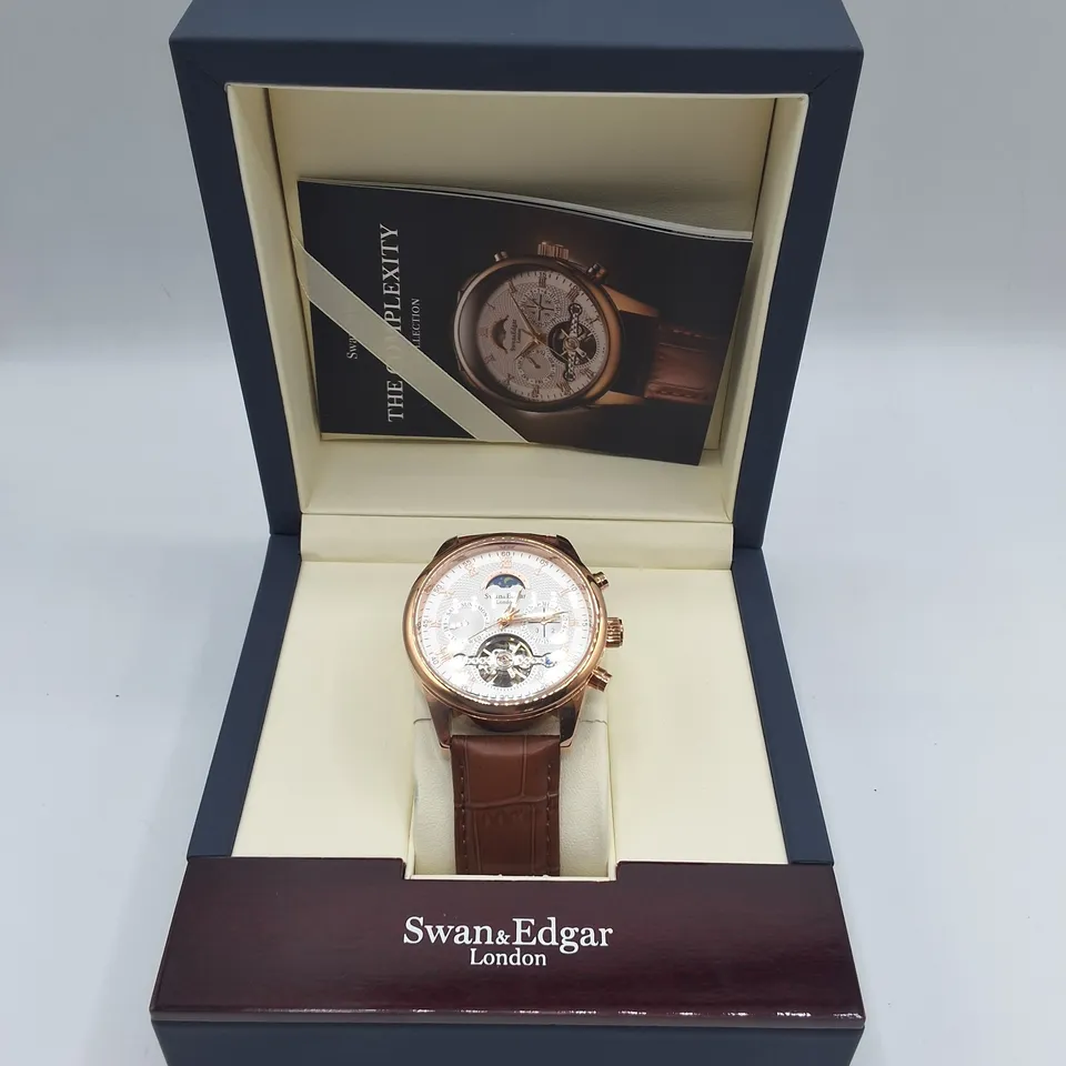BOXED SWAN & EDGAR WHITE DIAL AUTOMATIC MOONPHASE WATCH WITH BROWN LEATHER STRAP