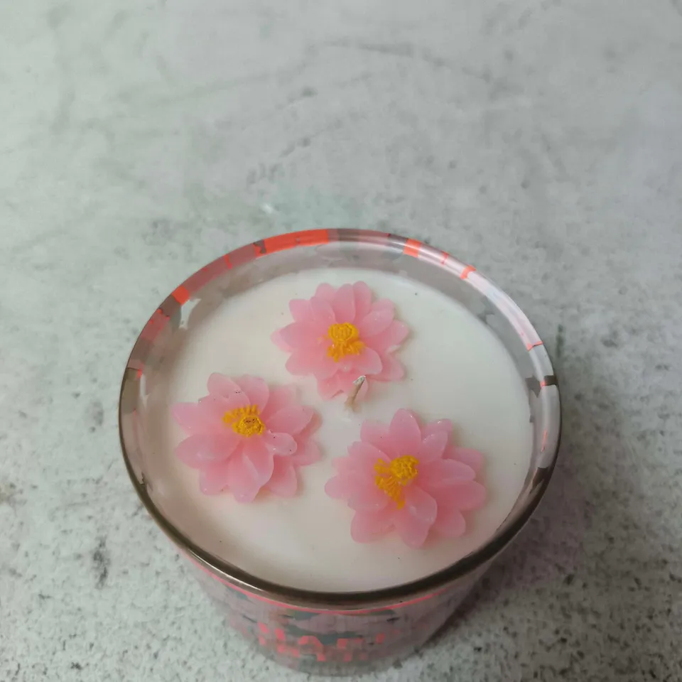 HAPPY BIRTHDAY DECORATIVE CANDLE IN GLASS HOLDER WITH PINK FLORAL DESIGN