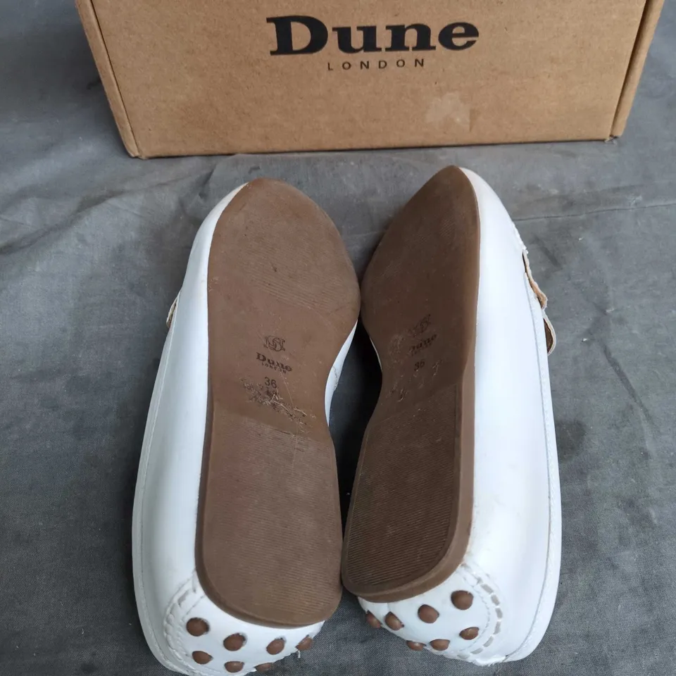 DUNE LONDON WHITE LEATHER LOAFERS, WOVEN FRONT – UK 3 (EU 36)