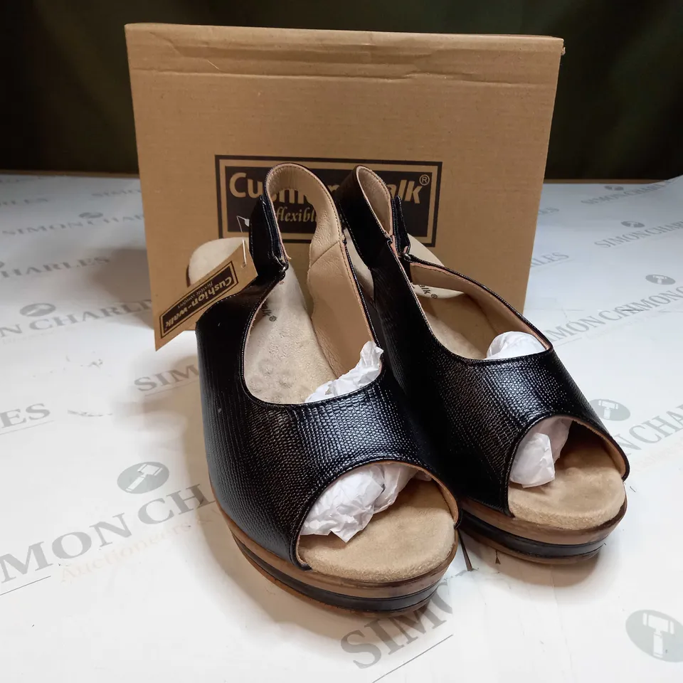 BOXED PAIR OF CUSHION WALK BLACK STRAPPY WEDGE HEELED SHOES - SIZE 6