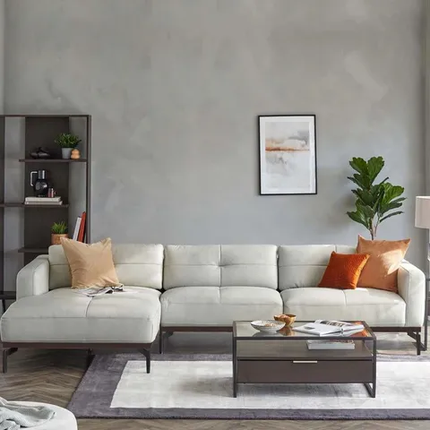 BOXED DANETTI COLTON NATURAL GREY LEATHER RIGHT HAND CORNER CHAISE SOFA (2 BOXES)