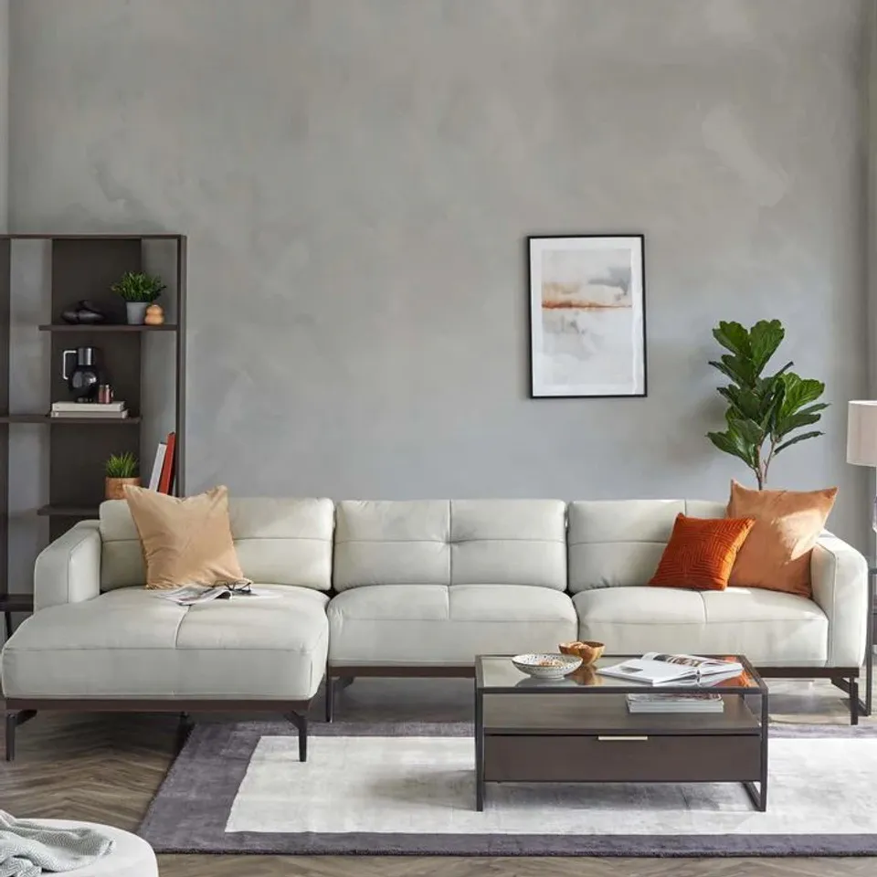 BOXED DANETTI COLTON NATURAL GREY LEATHER RIGHT HAND CORNER CHAISE SOFA (2 BOXES)