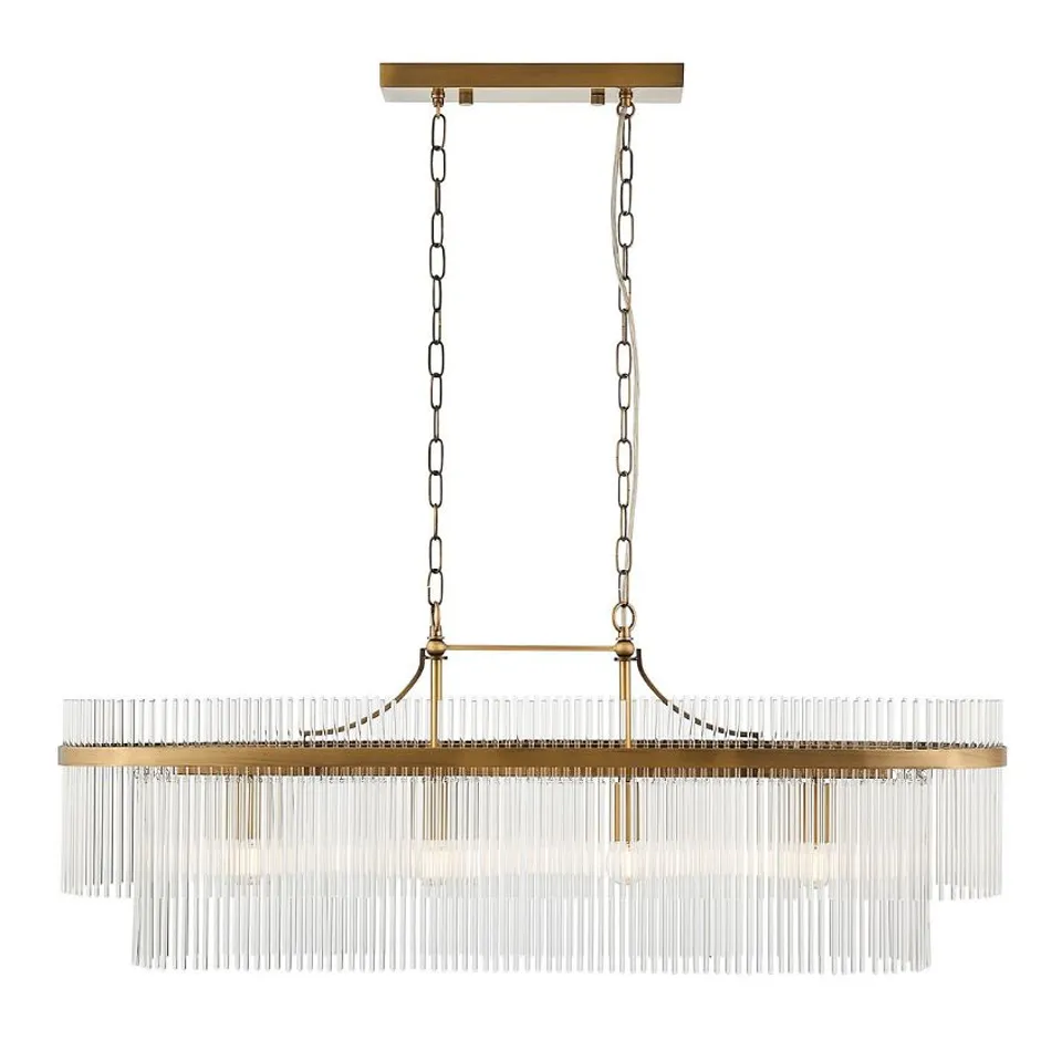BOXED LUMINOSA MARIETTA BAR PENDANT CEILING LIGHT ANTIQUE BRASS PLATE, CLEAR GLASS, 4X E14