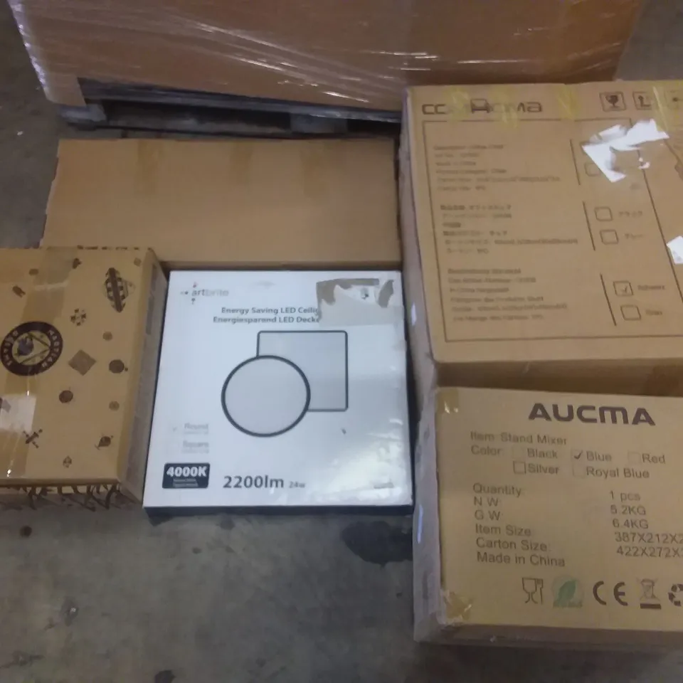 PALLET OF ASSORTED ITEMS INCLUDING ARTBRITE ENERGY SAVING LED CEILING LIGHT, COMOMA OFFICE CHAIR, AUCMA STAND MIXER, STOREMIC TOILET SEAT, MASS DYNAMIC MUTE SEAT COVER, ALUMINIUM FRAME WHITE BOARD