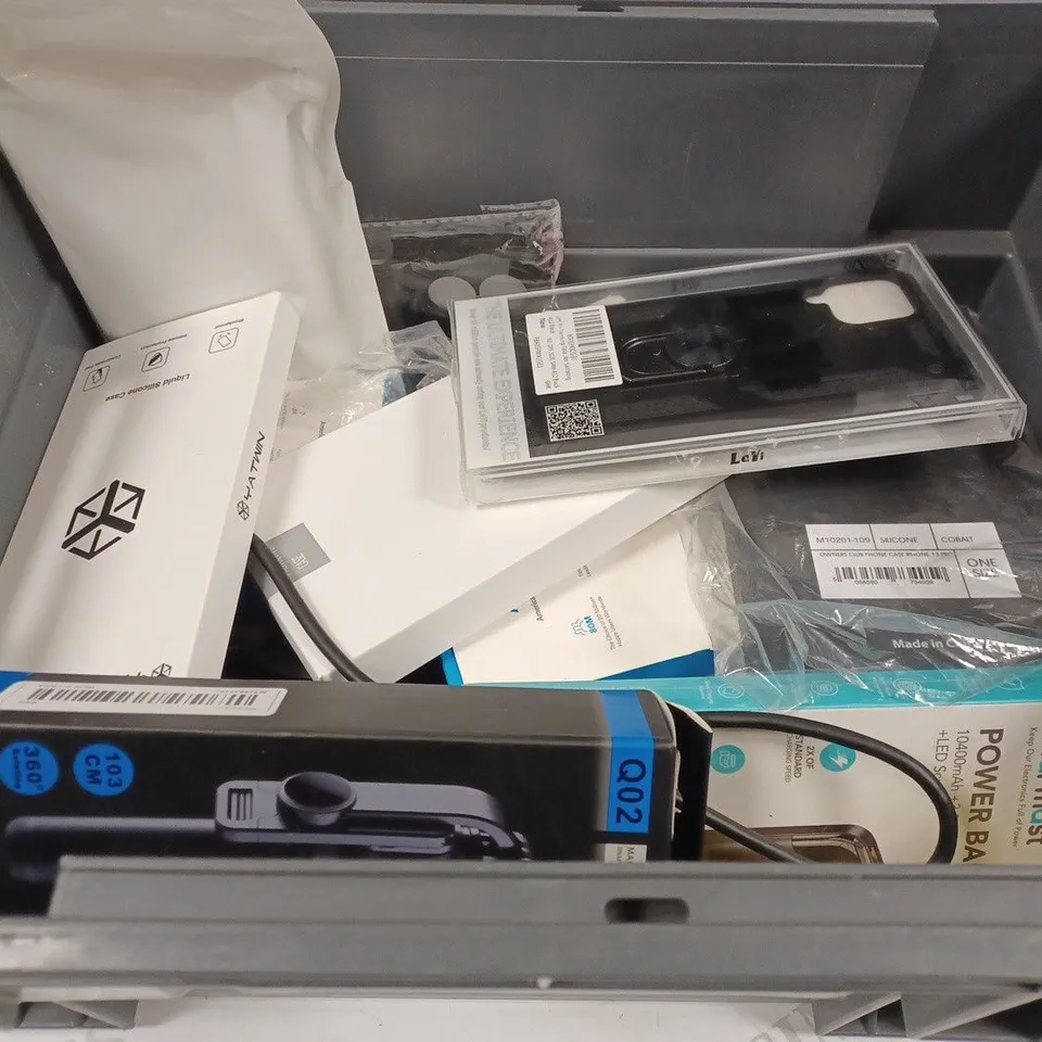 BOX TO CONTAIN APPROX. 20 X ASSORTED PHONE ACCESSORIES. INCLUDES PHONE CASES, CHARGING CABLES, SELFIE STICKS ETC 