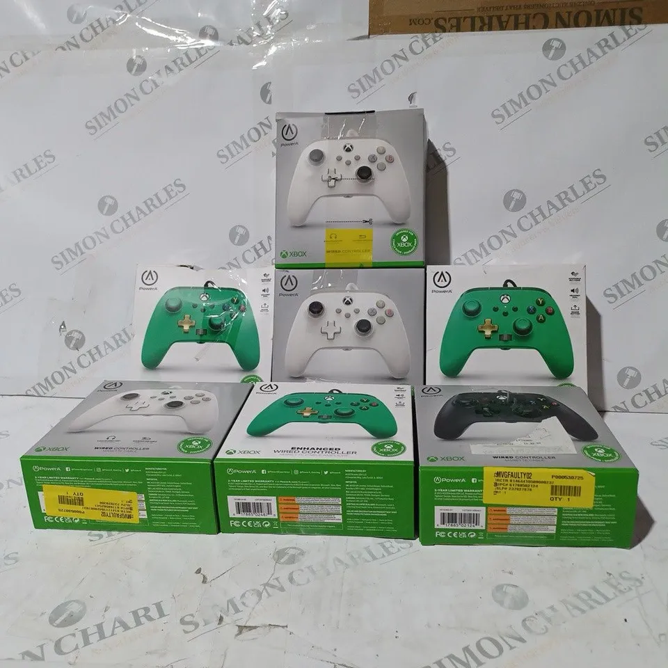 BOX OF 7 ASSORTED XBOX ONE WIRED CONTROLLERS IN VARIOUS COLOURS