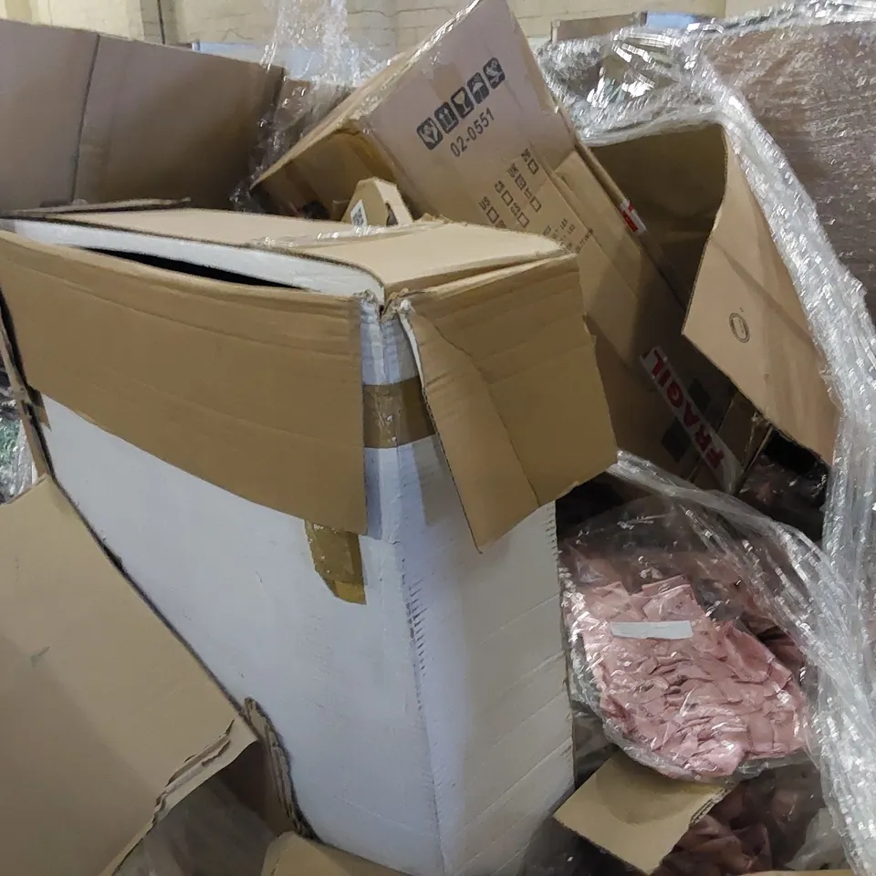 PALLET TO CONTAIN ASSORTED ITEMS INCLUDING WHEEL RIM, PACKS OF PINK RIBBONS, GARDEN FURNITURE SET, BOXED FURNITURE ETC