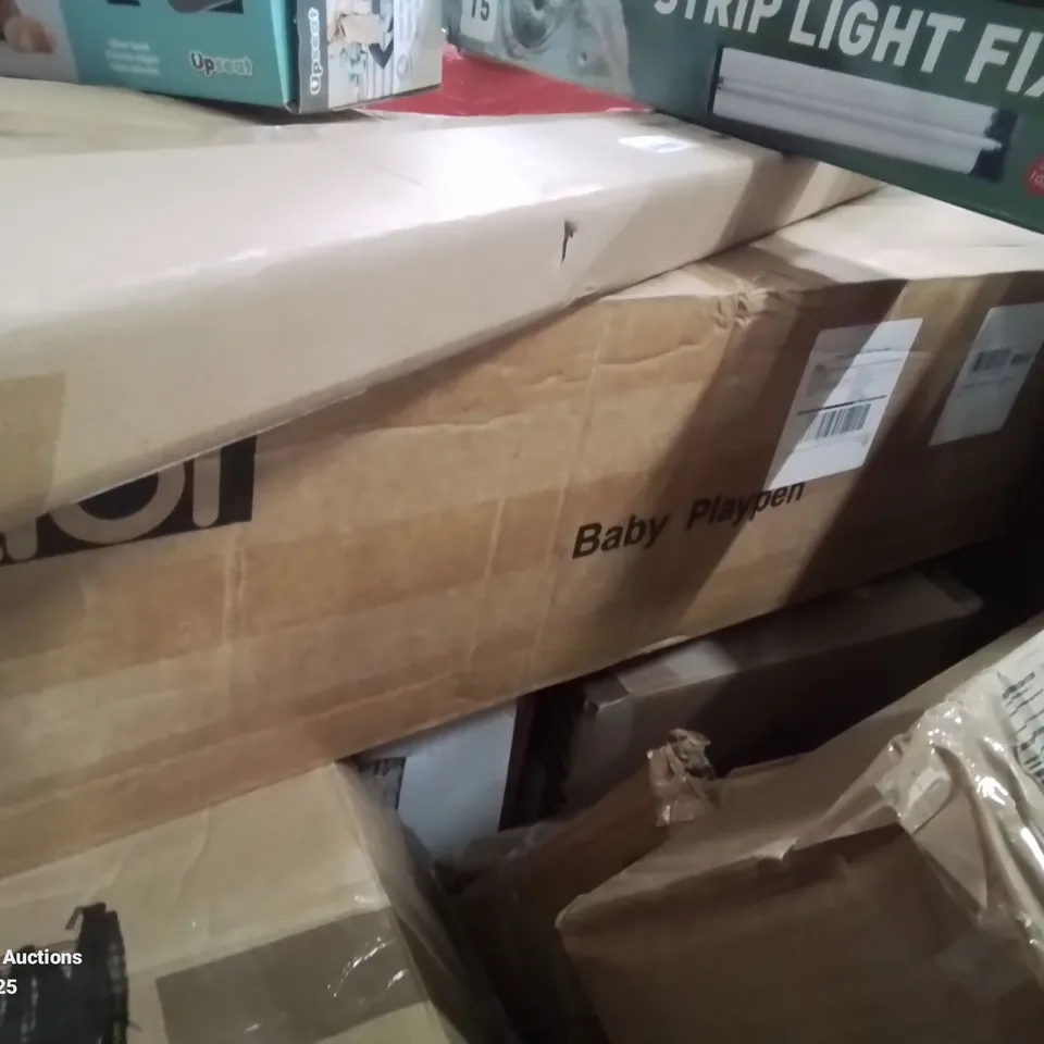 PALLET CONTAINING VARIOUS ASSORTED ITEMS TO INCLUDE: 12PC COOKWARE SET, KNITTING MACHINE, BABY PLAYPEN, BABY UPSEAT, REPTILE LAMP AND LOTS MORE UNMARKED BOXED ITEMS 