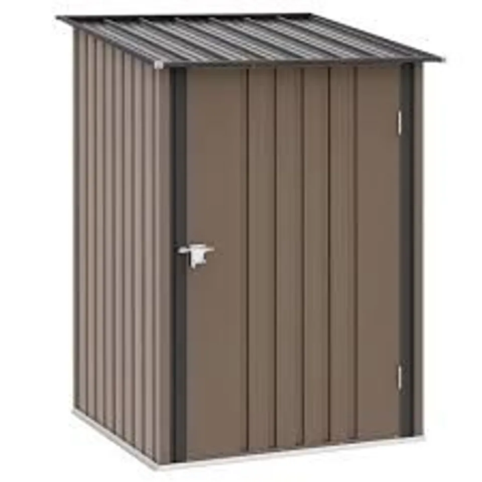 BOXED OUTSUNNY 3.3 X 3.4FT LEAN TO STEEL GARDEN SHED, WITH LOCKING DOOR - BROWN/GREY