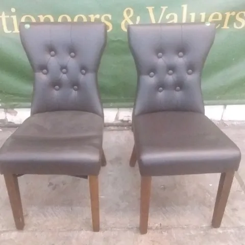 SET OF 2 BEWLEY CLUB BROWN LEATHER BUTTON BACK DINING CHAIRS (DARK OAK LEG)