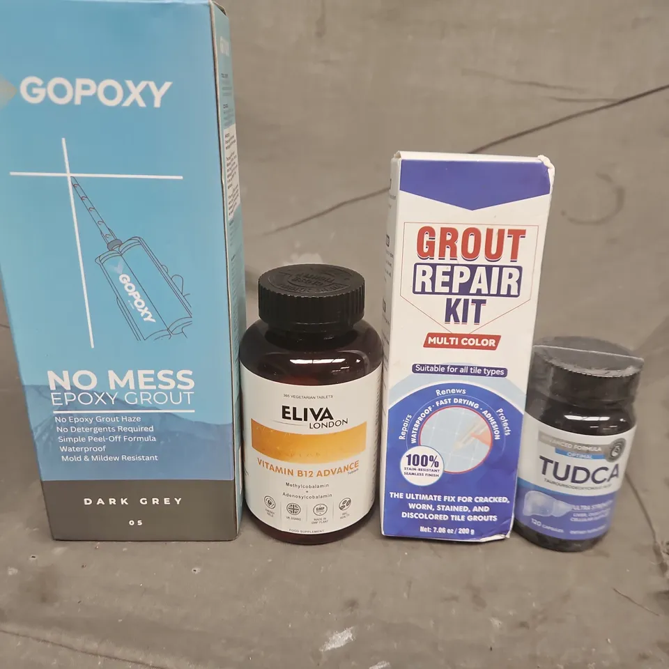 approx 10 ASSORTED ITEMS TO INCLUDE - GOPOXY NO MESS EPOXY GROUT DARK GREY + GROUT REPAIR KIT (MULTI-COLOR) + ELIVA LONDON VITAMIN B12 ADVANCE + TUDCA SUPPLEMENT