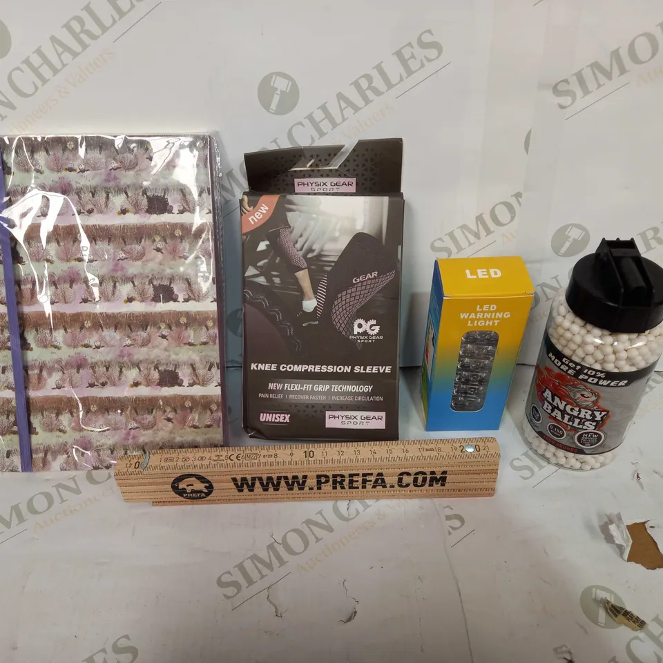 BOX OF APPROX 30 ASSORTED ITEMS TO INCLUDE - LED WARNING LIGHT, KNEE COMPRESSION SLEEVE, WOODEN TAPE MEASURE ETC