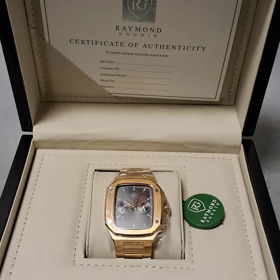 RAYMOND GAUDIN STAINLESS STEEL ANGULAR BLACK FACED WATCH WITH METAL STRAP IN PRESENTATION BOX