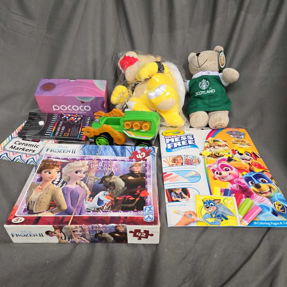 BOX OF ASSORTED TOYS AND GAMES TO INCLUDE CRAYOLA, FANCY DRESS AND JIGSAWS