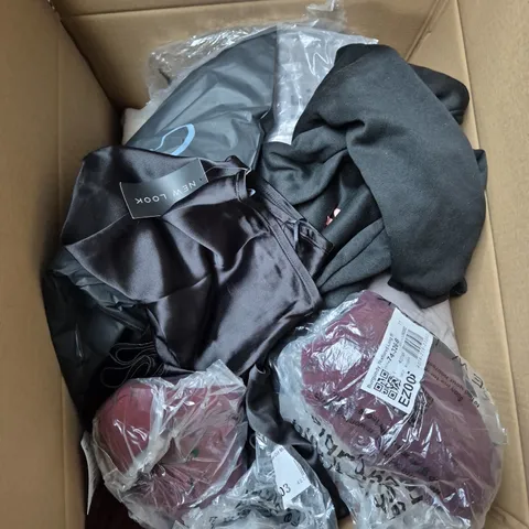 LARGE BOX OF ASSORTED CLOTHING ITEMS IN VARIOUS SIZES, STYLES AND COLOUR 