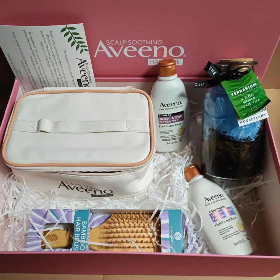BOXED AVEENO HAIRCARE 5-PIECE WELLNESS SET TO INCLUDE BAMBOO HAIRBRUSH, TERRARIUM AND MAKE UP BAG