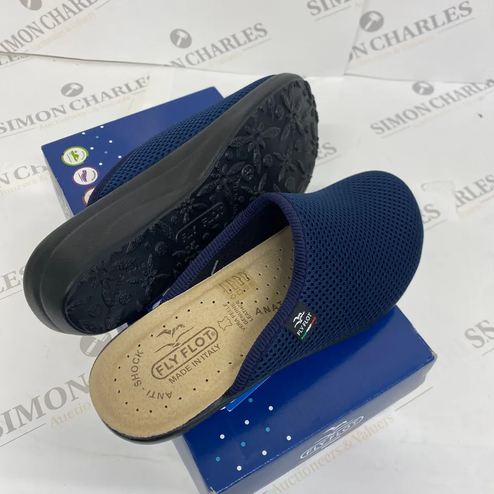 BOXED PAIR OF FLY FLOT NAVY SLIP ONS SIZE 3