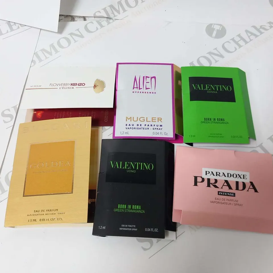 LARGE QUANTITY OF ASSORTED FRAGRANCE SAMPLES TO INCLUDE; PRADA, VALENTINO, MUGLER, BVLGARI AND KENZO