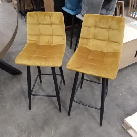 SET OF 2 QUALITY DESIGNER VELVET UPHOLSTERED BAR STOOLS - OCHRE