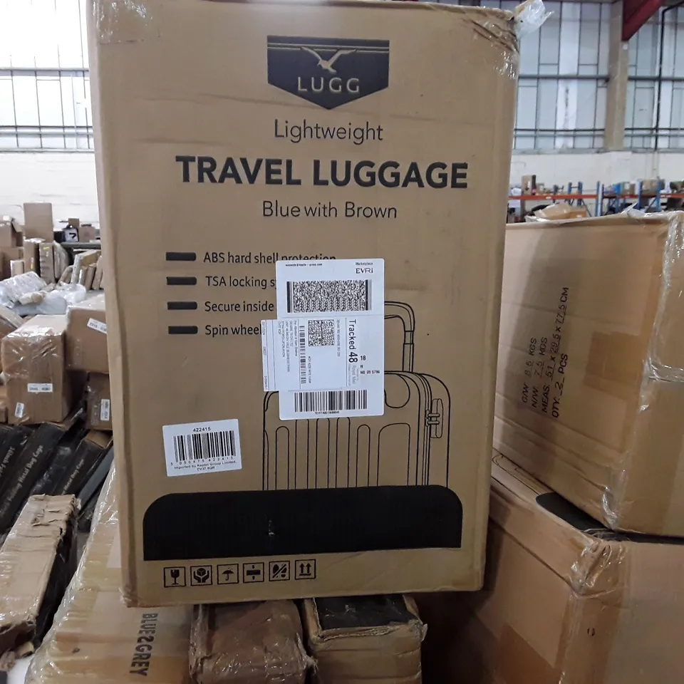 BOXED LUGG LIGHT WEIGHT TRAVEL LUGGAGE SUITCASE - BLUE WITH BROWN 