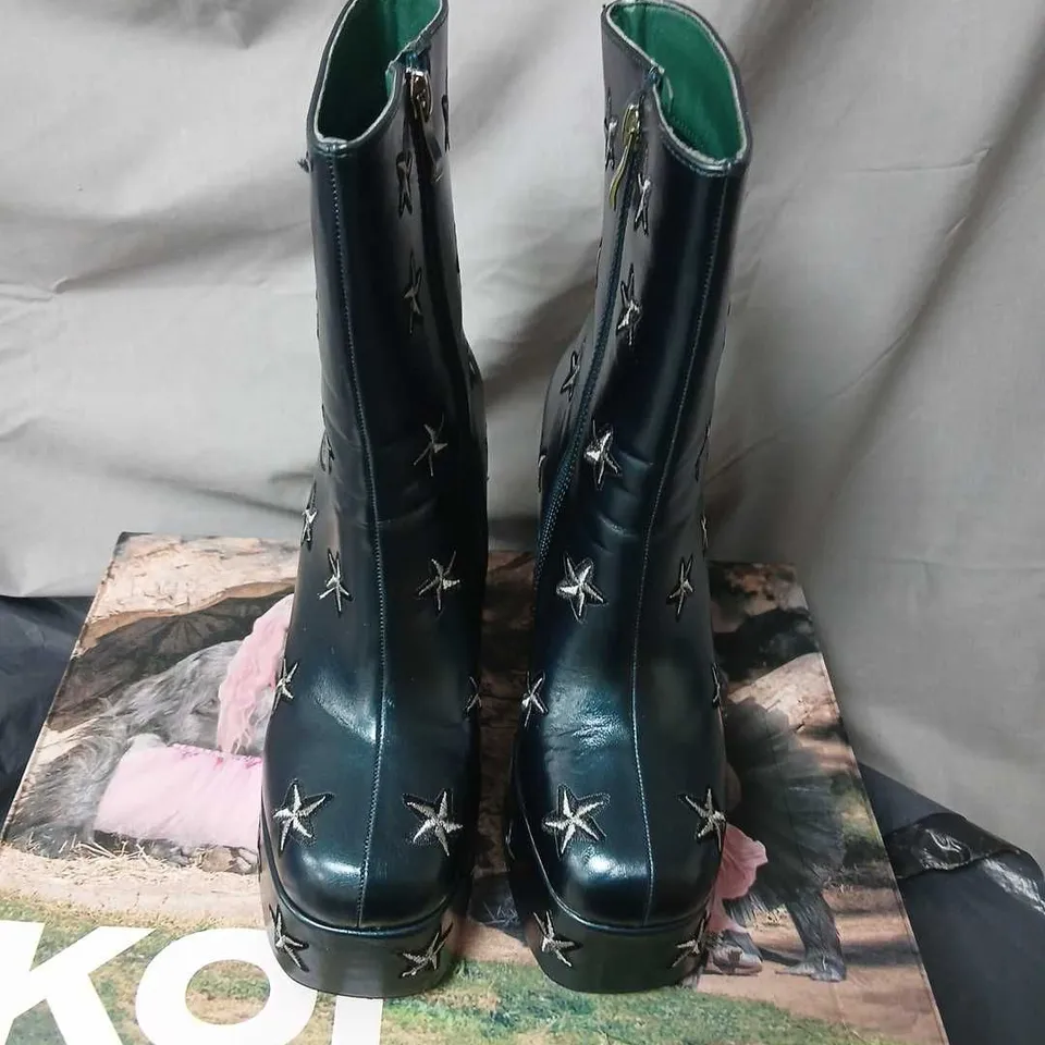 KOI DREAMS OF MOONCRAFT TEAL HEELED BOOTS IN BLACK- UK 5