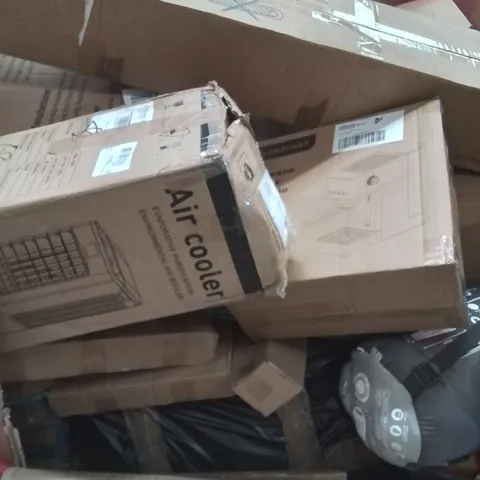 PALLET OF ASSORTED HOUSEHOLD GOODS AND PRODUCTS TO INCLUDE; AIR COOLER, TOILET SEAT, COFFEE MACHINE, BOXED FURNITURE ETC