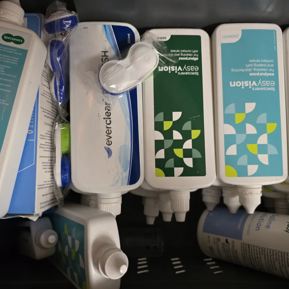 APPROXIMATELY 20 ASSORTED CONTACT LENS CARE SOLUTIONS WITH NICOTINELL NASAL SPRAY BOX, ETC