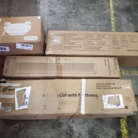 PALLET CONTAINING ASSORTED PRODUCTS INCLUDING CAMPING COT, SMART TOWER FAN, BABY PLAYPEN, BOOSTER SEAT